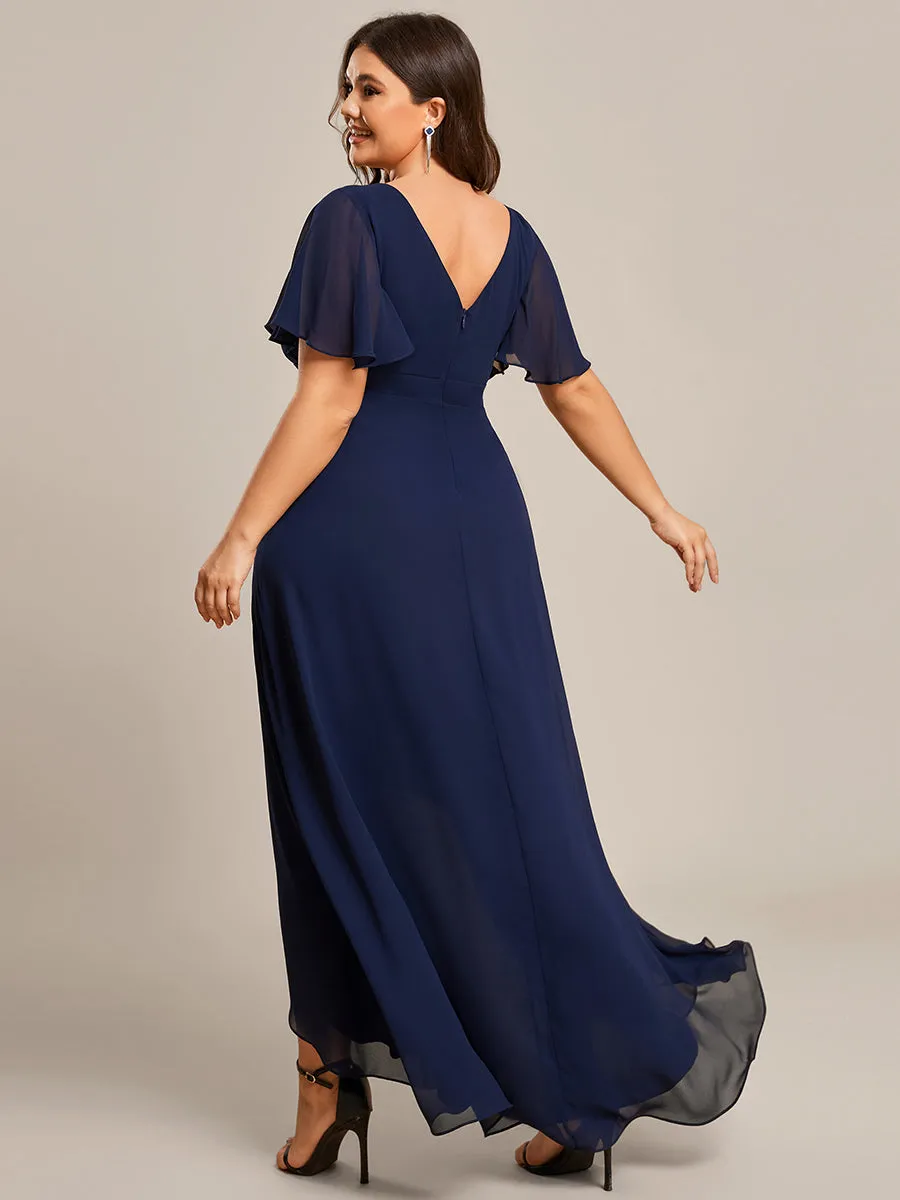 Plus V Neck High Low Ruffles Chiffon Wholesale Bridesmaid Dresses