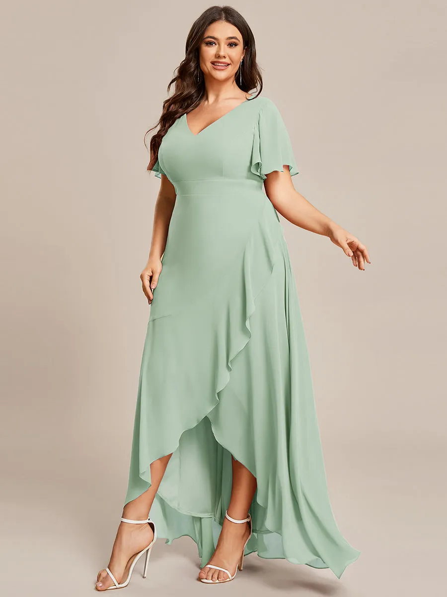 Plus V Neck High Low Ruffles Chiffon Wholesale Bridesmaid Dresses