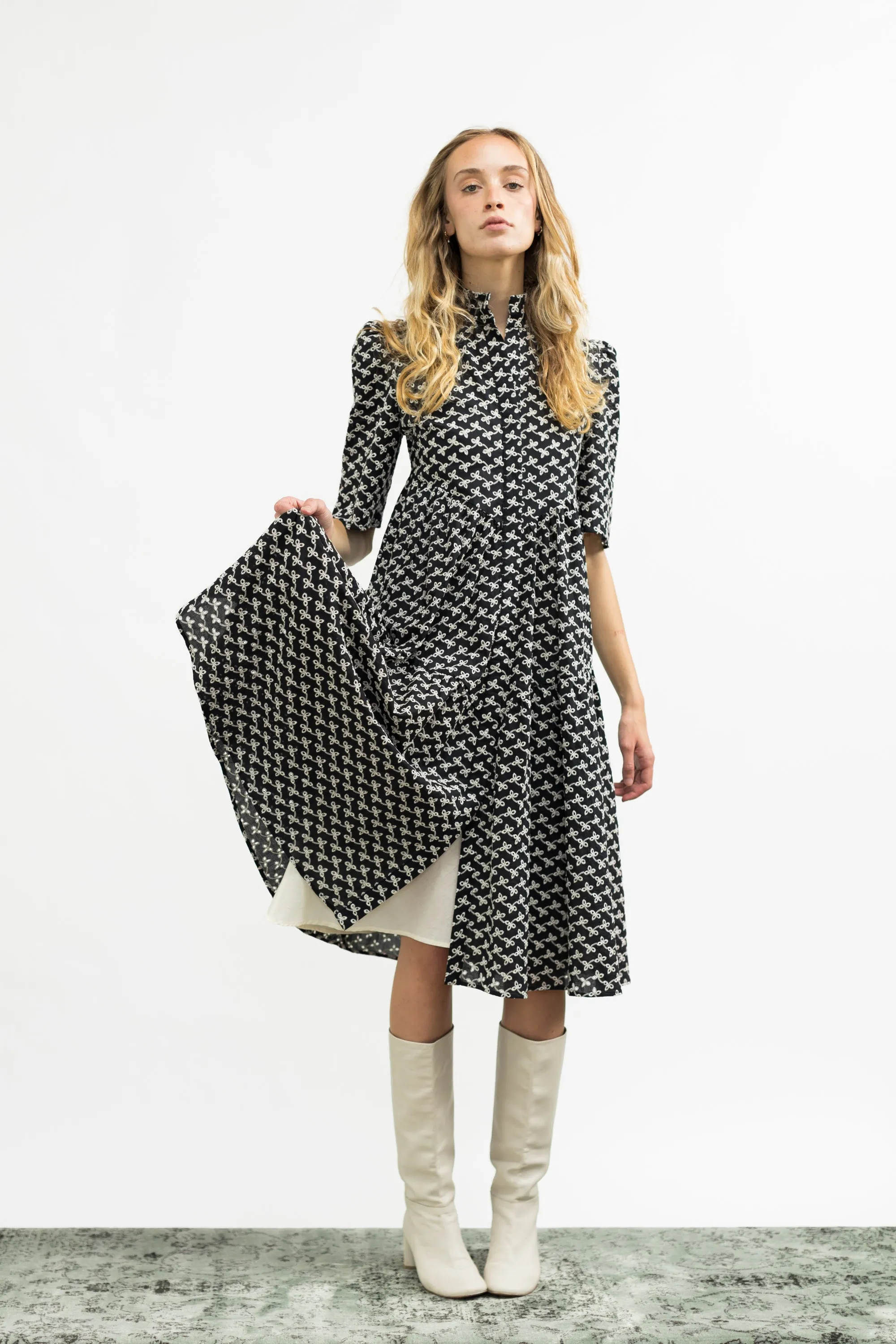 Portia Dress / Black   Milky White Broderie Anglaise Cotton