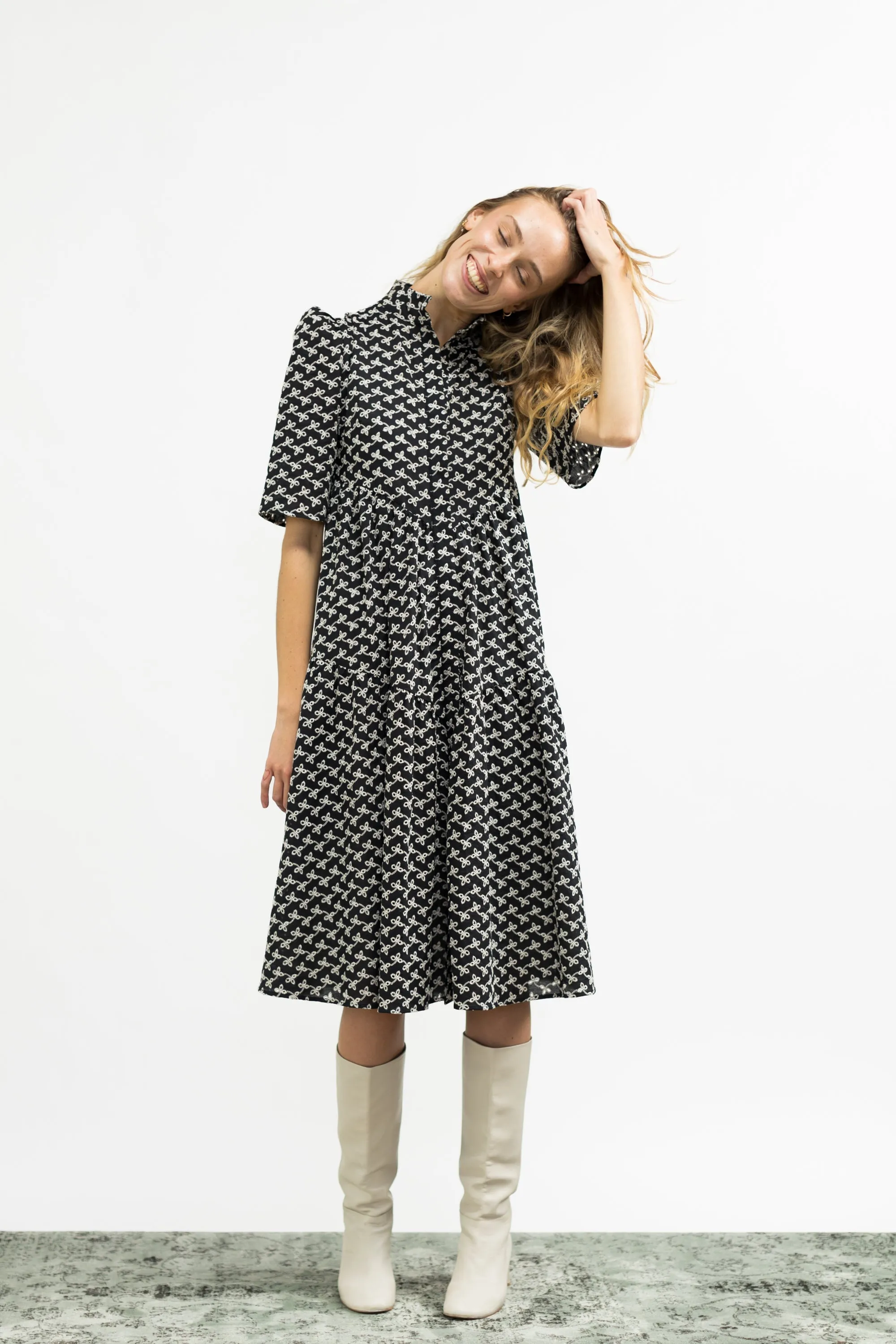 Portia Dress / Black   Milky White Broderie Anglaise Cotton