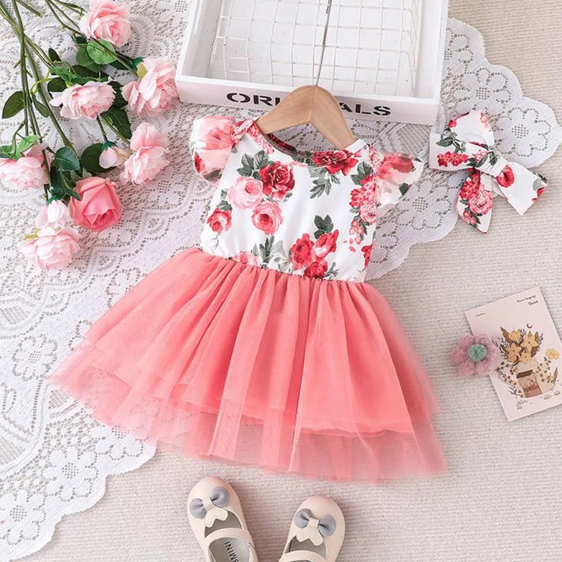 Printed Patchwork Gauze Skirt 2023 New Flying Sleeve Dress headband Suit