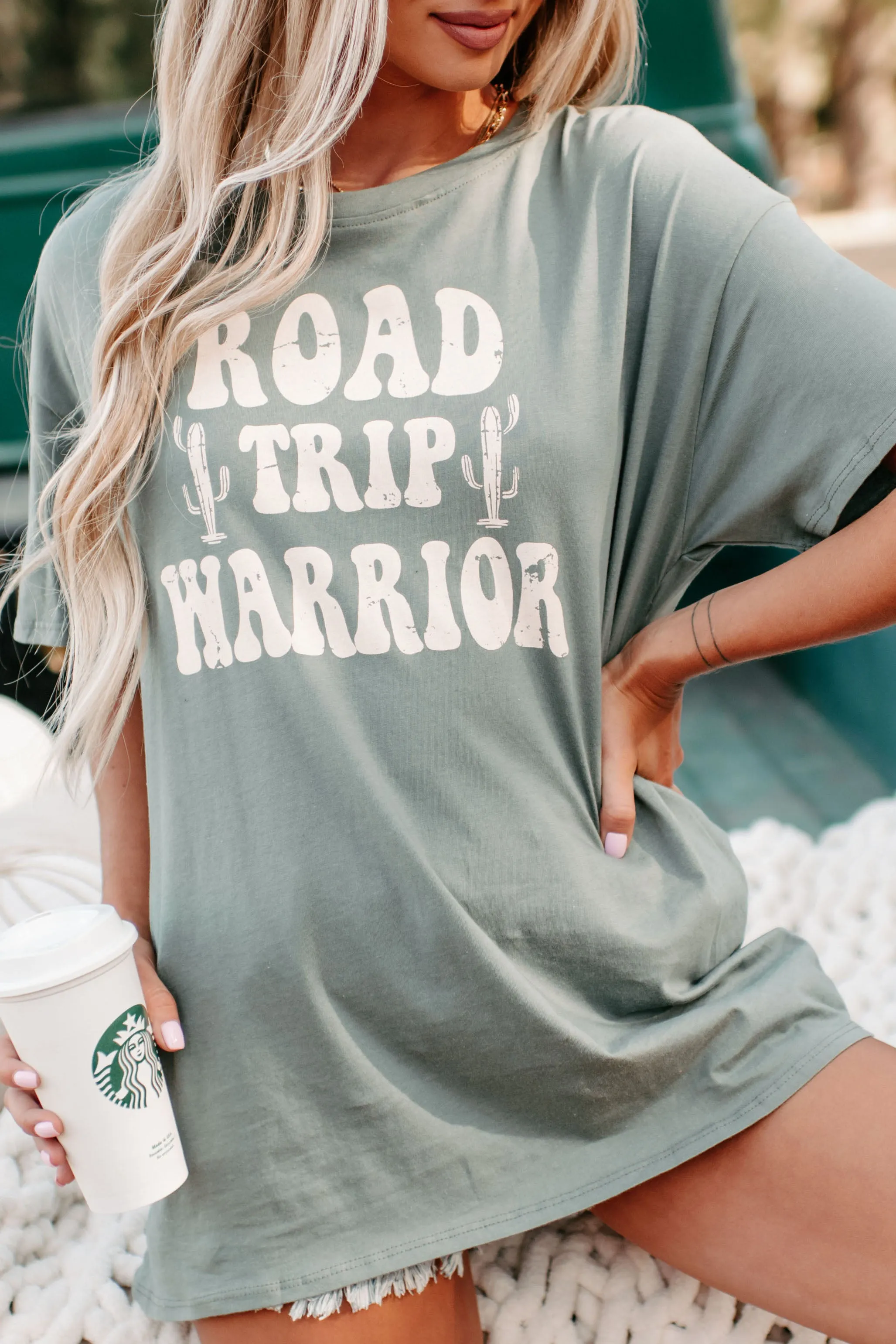 "Road Trip Warrior" Graphic T-Shirt (Olive Green)