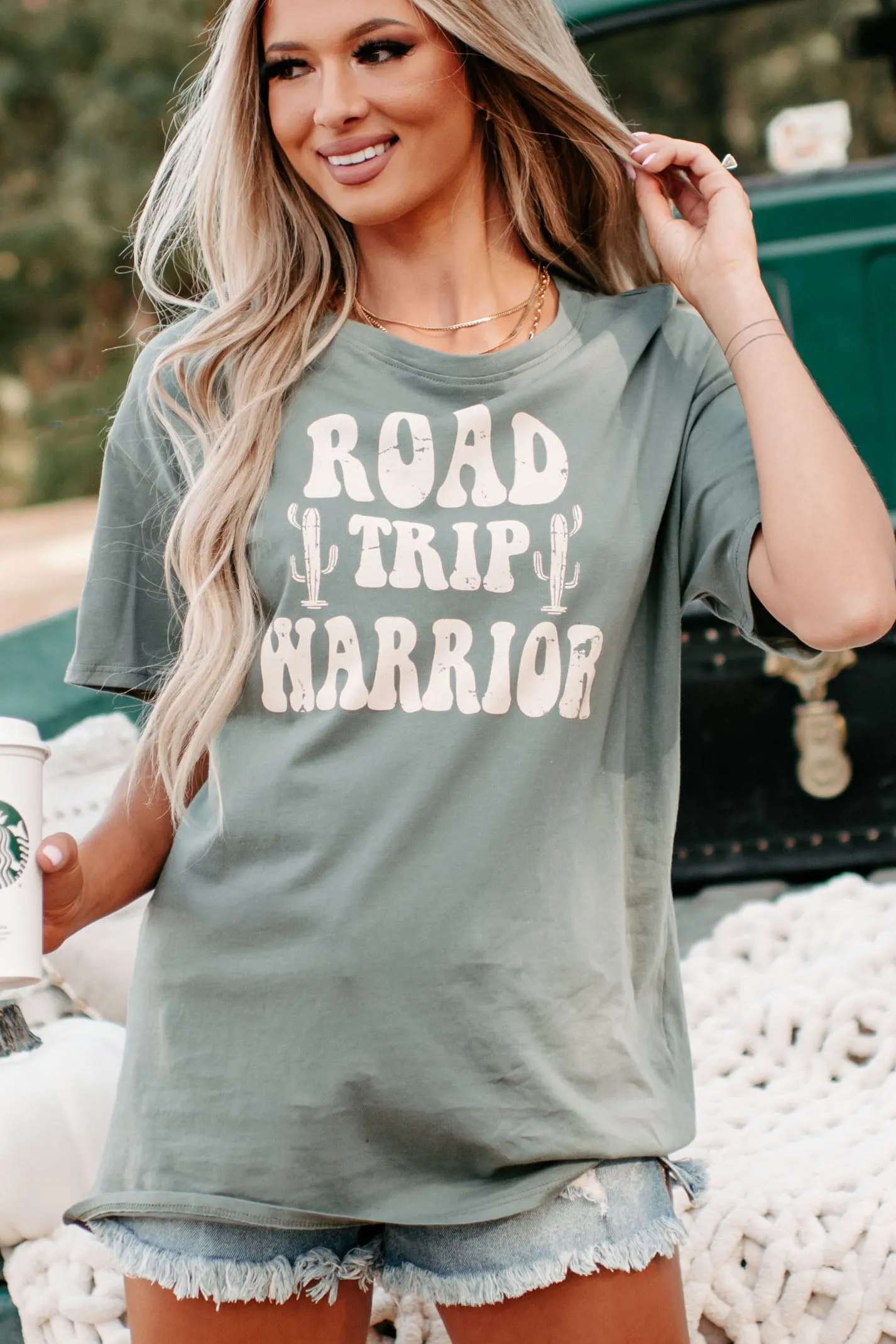 "Road Trip Warrior" Graphic T-Shirt (Olive Green)