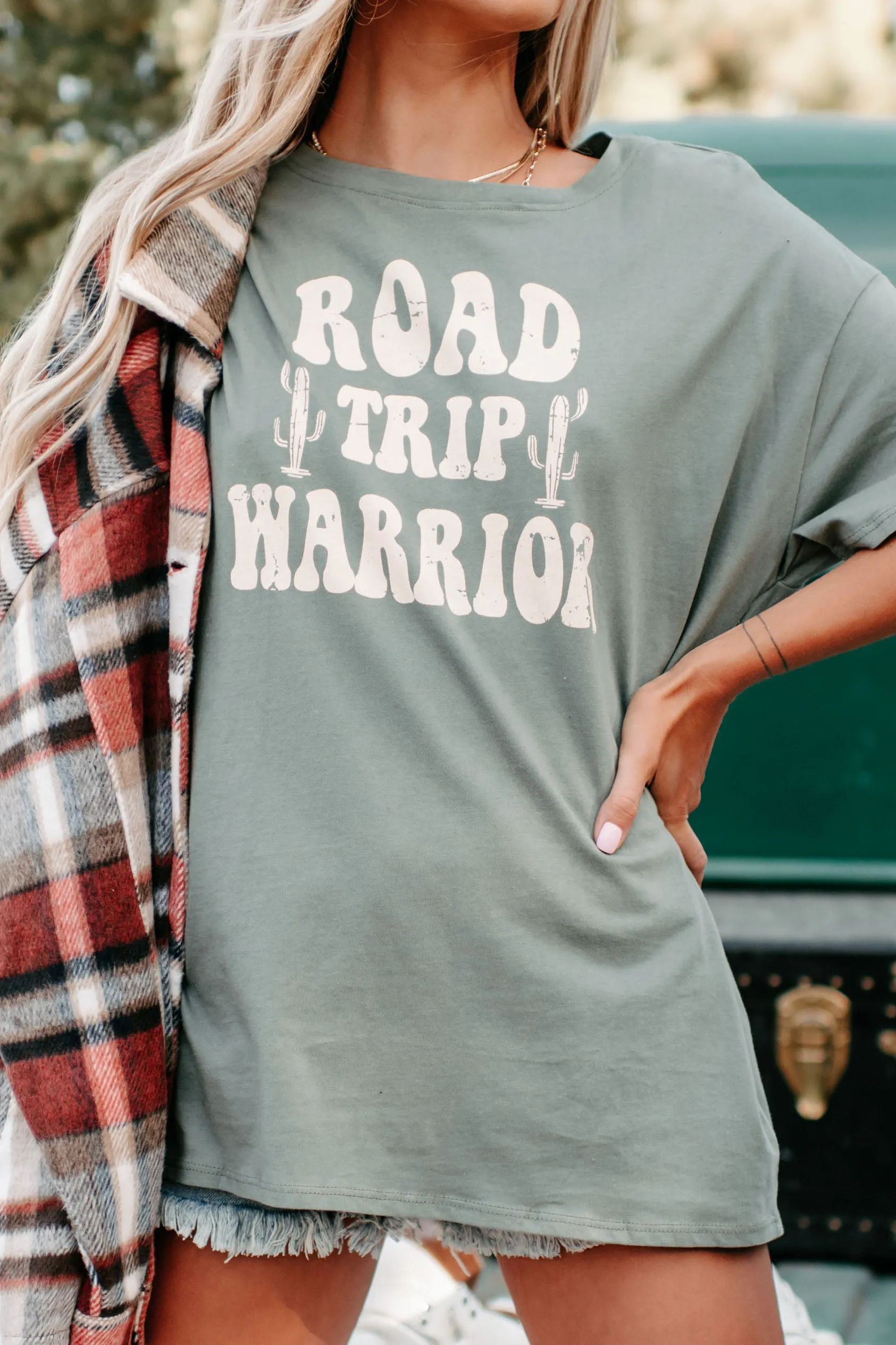 "Road Trip Warrior" Graphic T-Shirt (Olive Green)