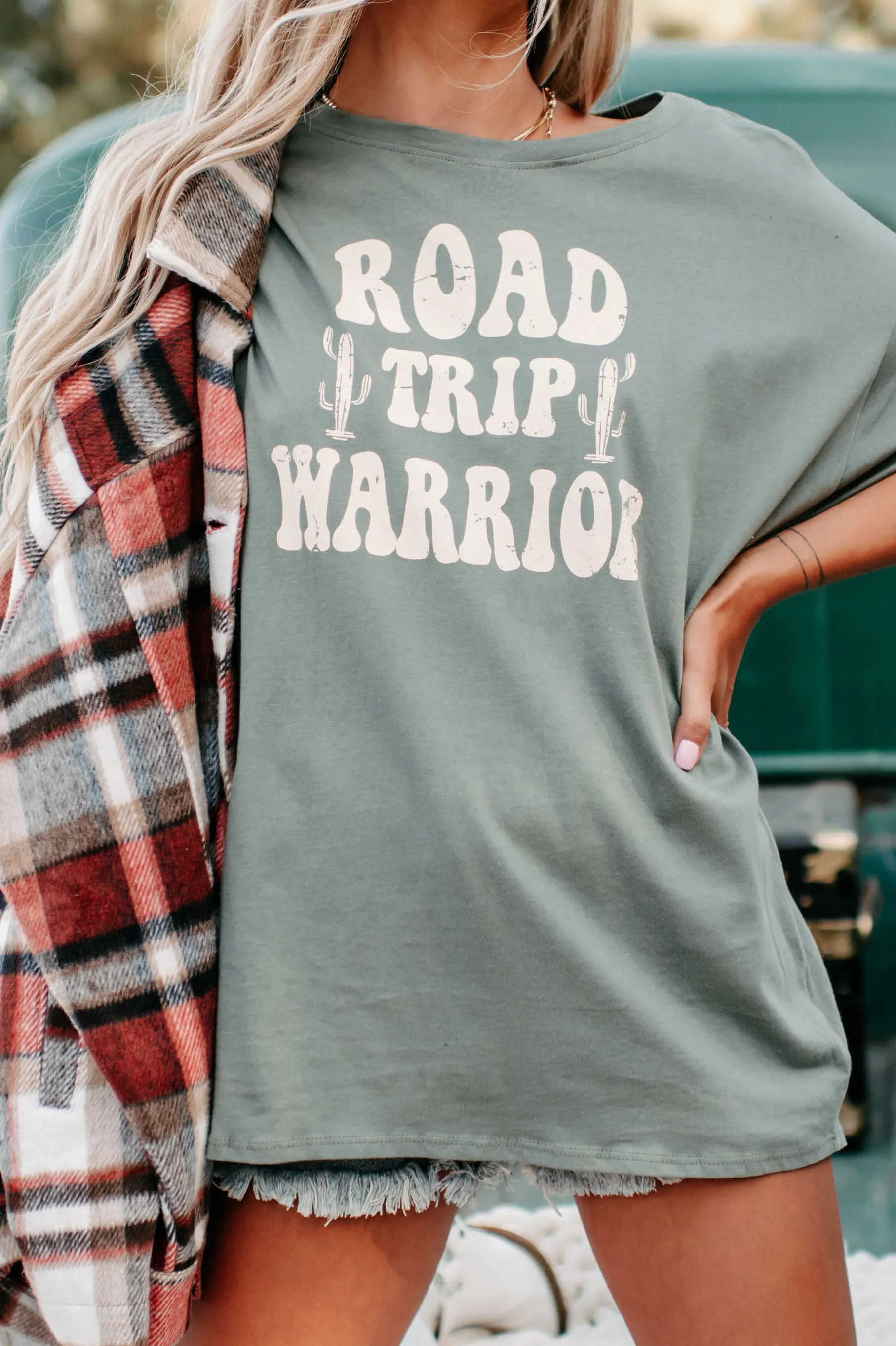 "Road Trip Warrior" Graphic T-Shirt (Olive Green)