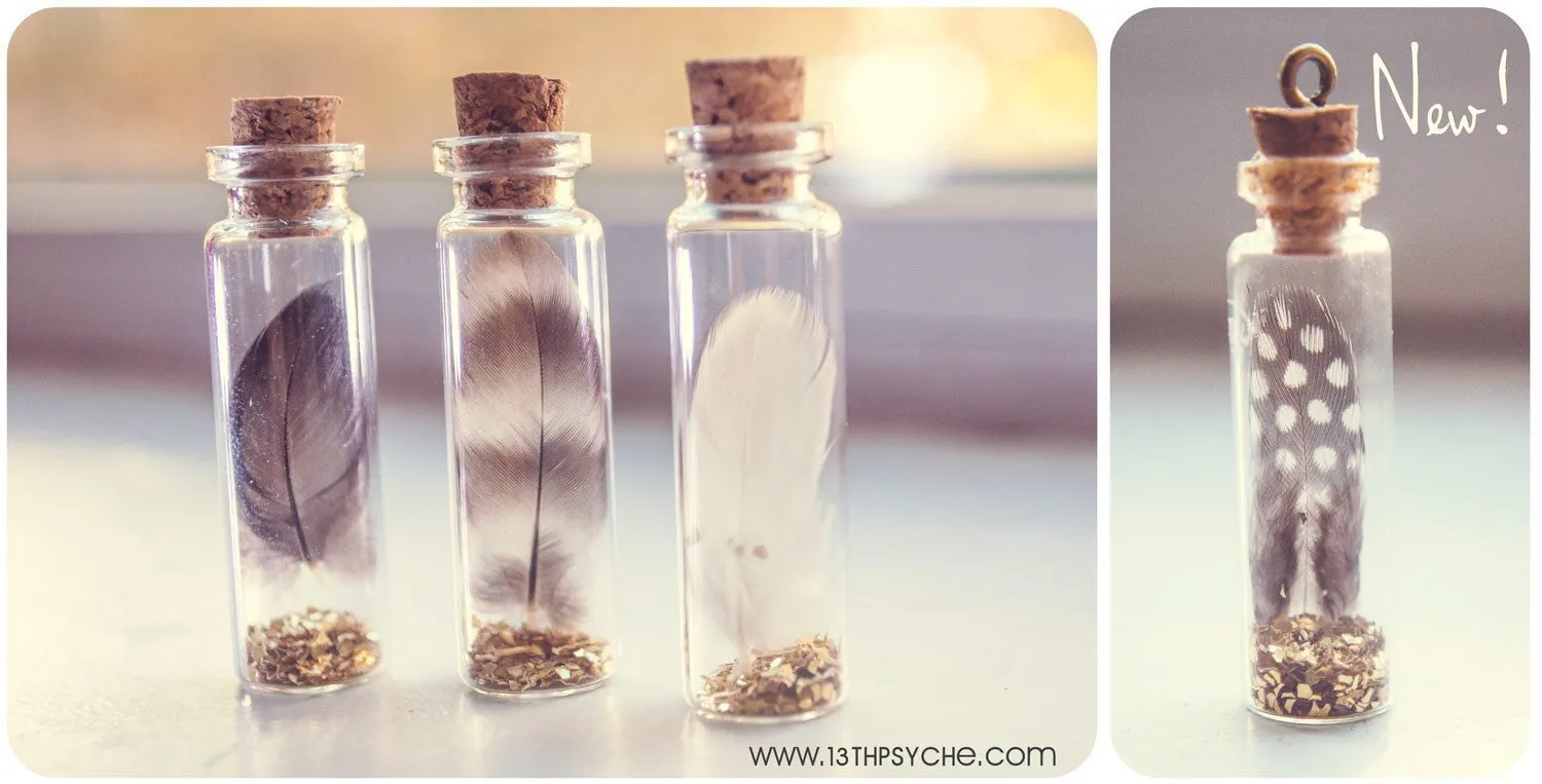 Real feather glass vial pendant necklace