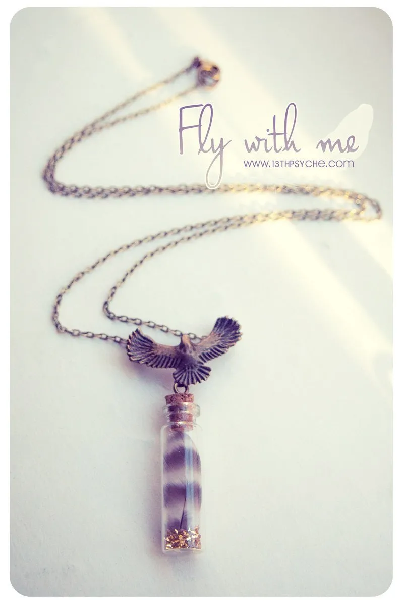 Real feather glass vial pendant necklace