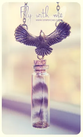 Real feather glass vial pendant necklace