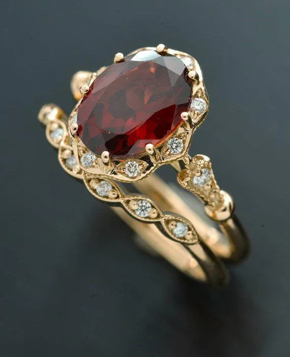 Red Garnet Daisy oval halo engagement ring vintage inspired