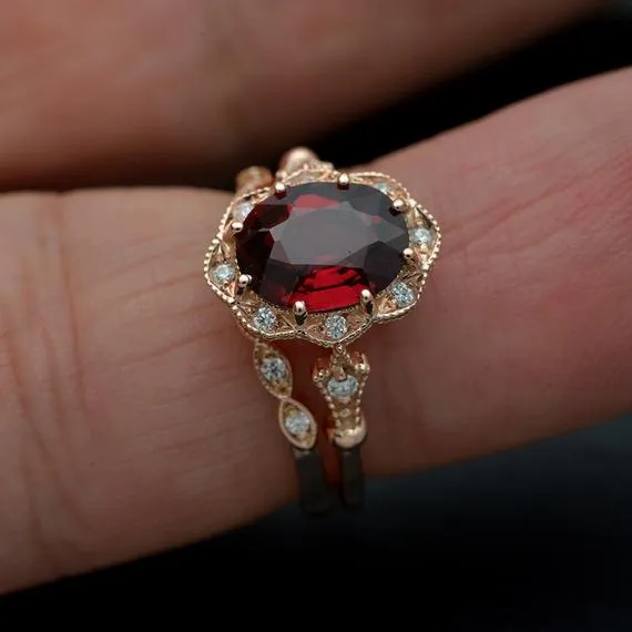 Red Garnet Daisy oval halo engagement ring vintage inspired