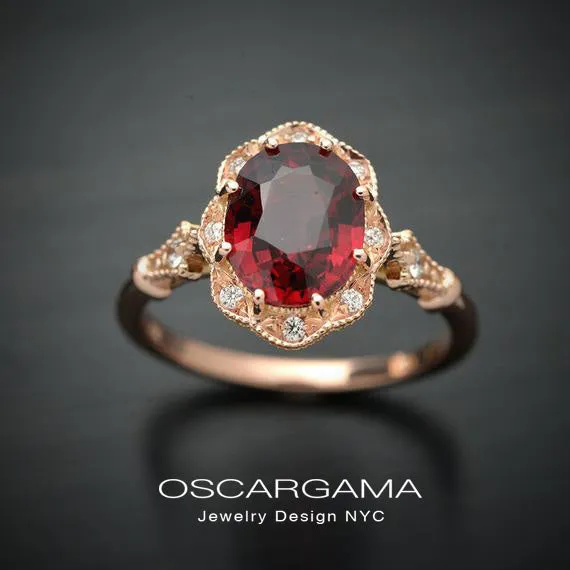 Red Garnet Daisy oval halo engagement ring vintage inspired