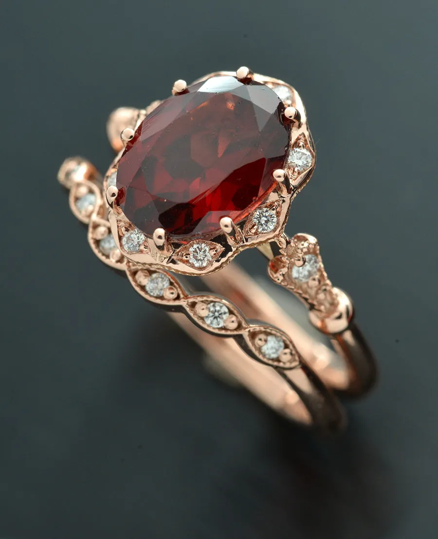 Red Garnet Daisy oval halo engagement ring vintage inspired