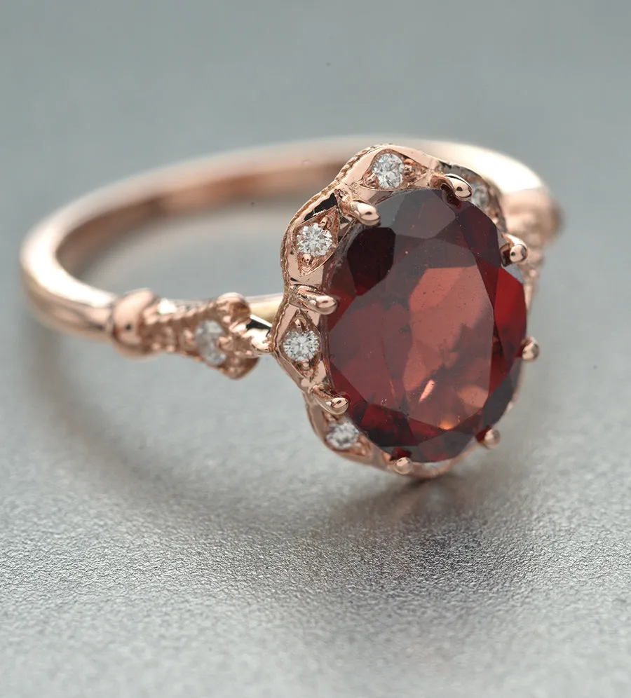 Red Garnet Daisy oval halo engagement ring vintage inspired