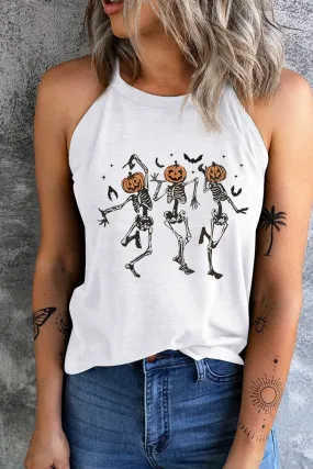 Round Neck Dancing Pumpkin Head Skeleton Graphic Tank