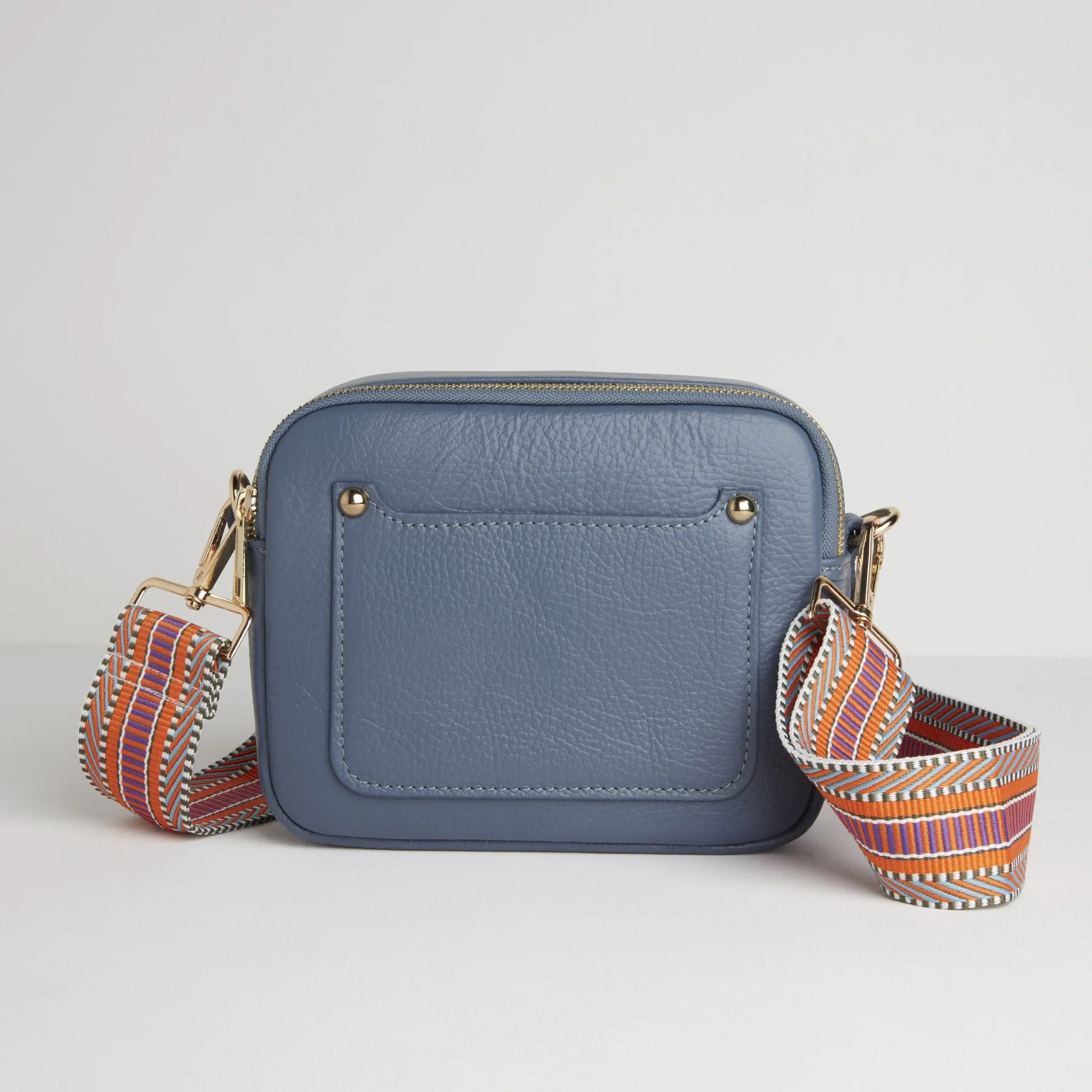 Sienna Crossbody Bag in Denim Blue with Orange Aztec Strap