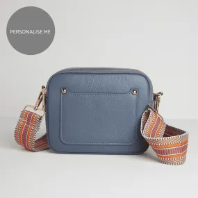 Sienna Crossbody Bag in Denim Blue with Orange Aztec Strap