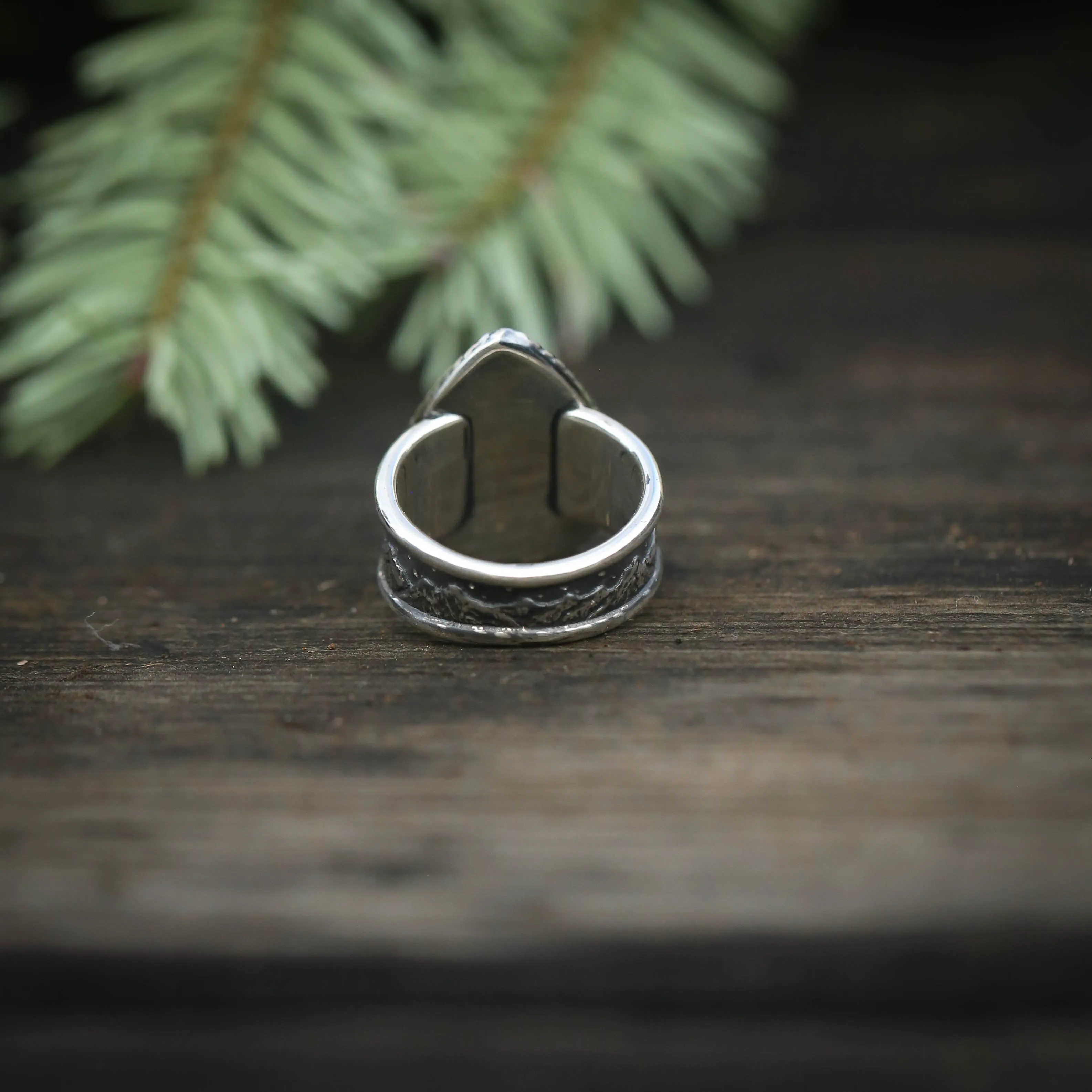 Size 7 Moonstone Ring with Mountain Landscape Band