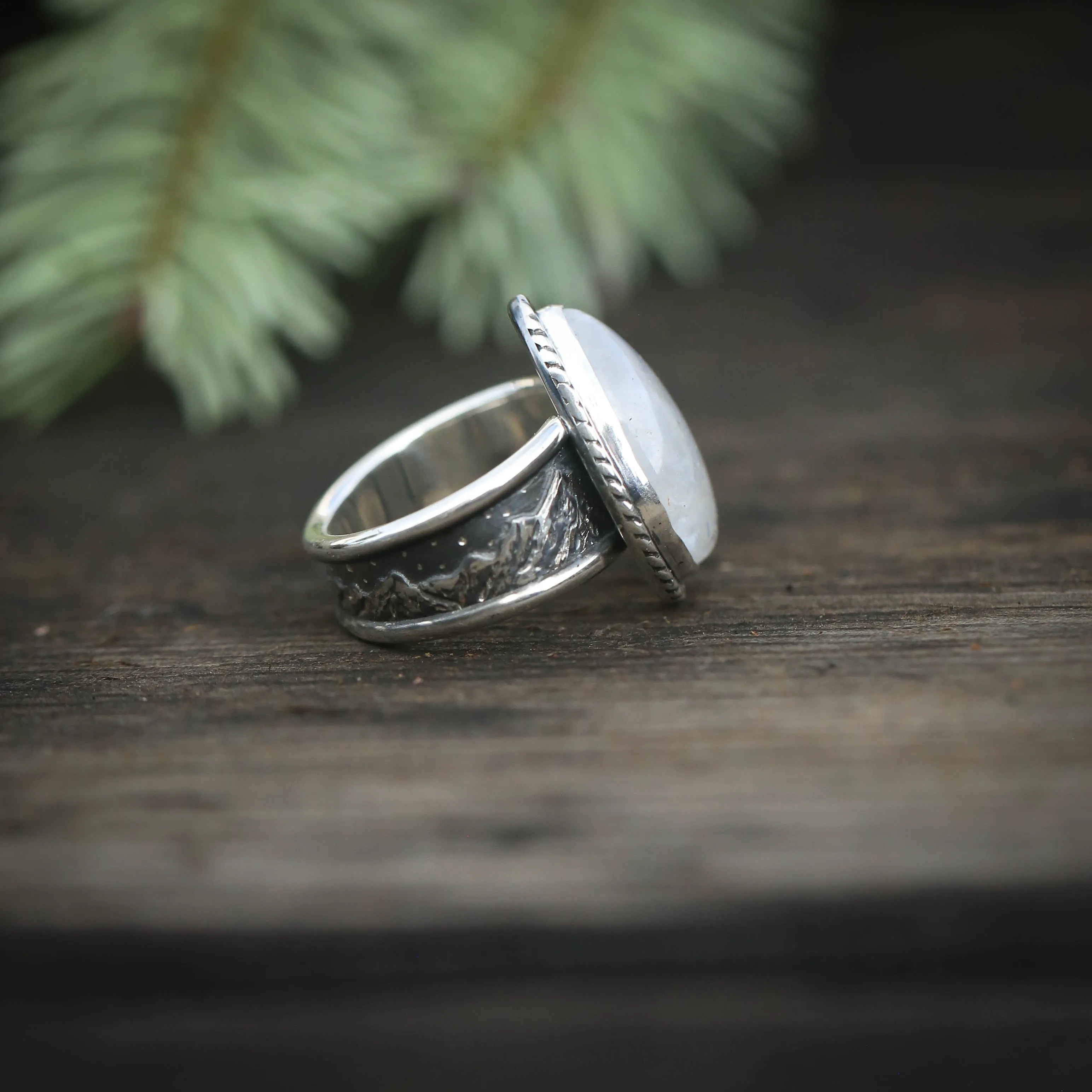 Size 7 Moonstone Ring with Mountain Landscape Band