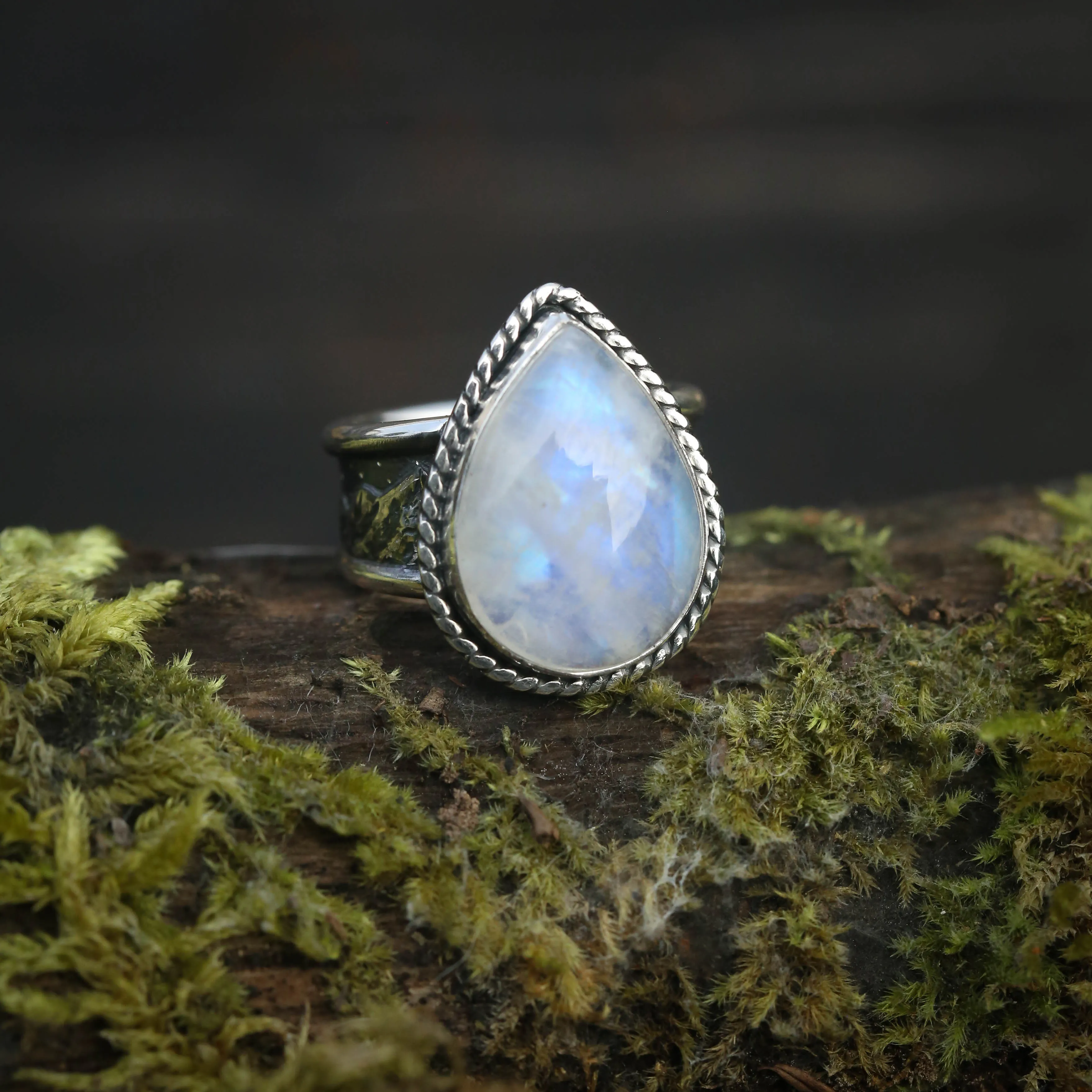 Size 7 Moonstone Ring with Mountain Landscape Band