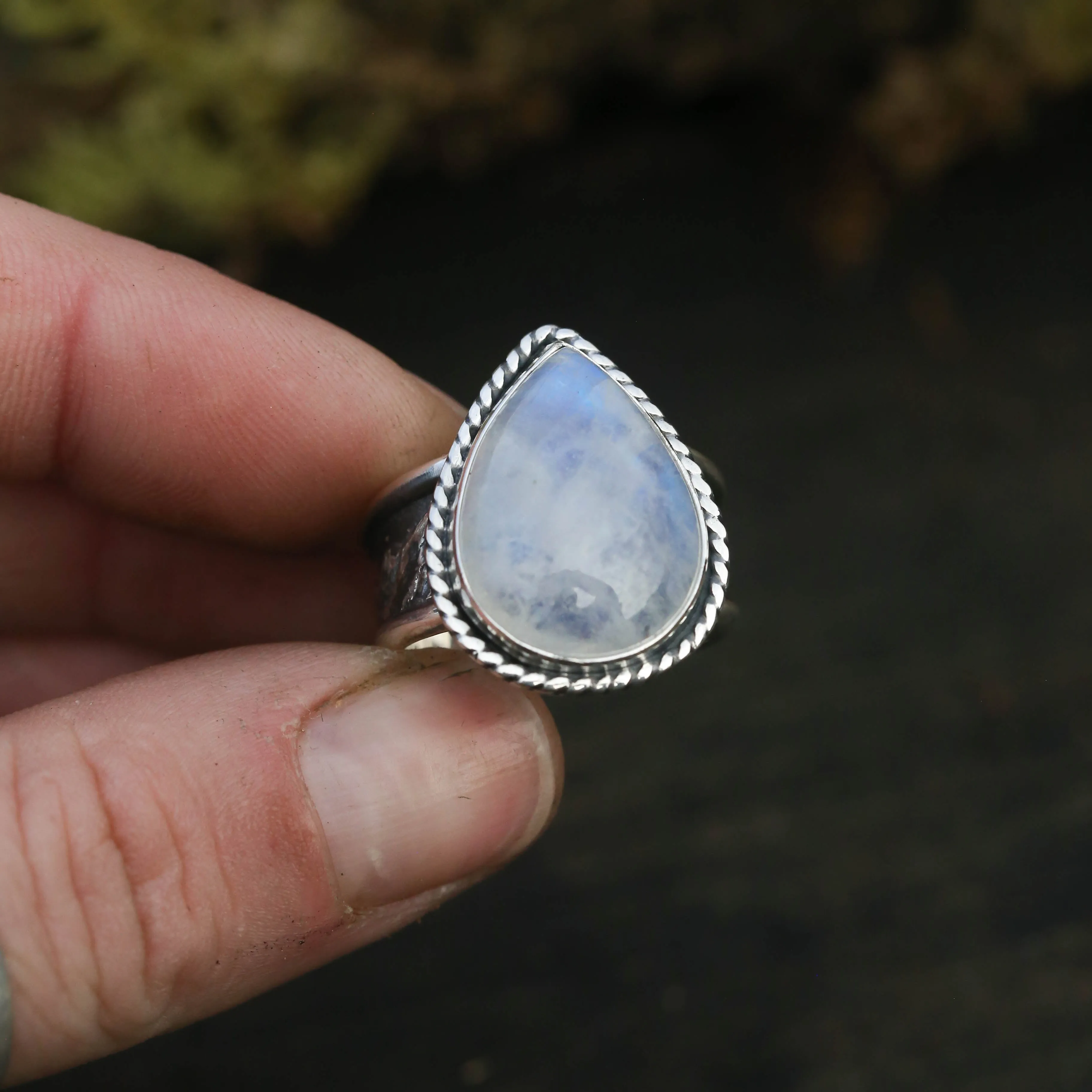 Size 7 Moonstone Ring with Mountain Landscape Band