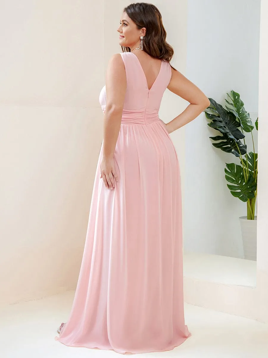 Sleeveless V-Neck Plain Chiffon Maxi Bridesmaid Dress