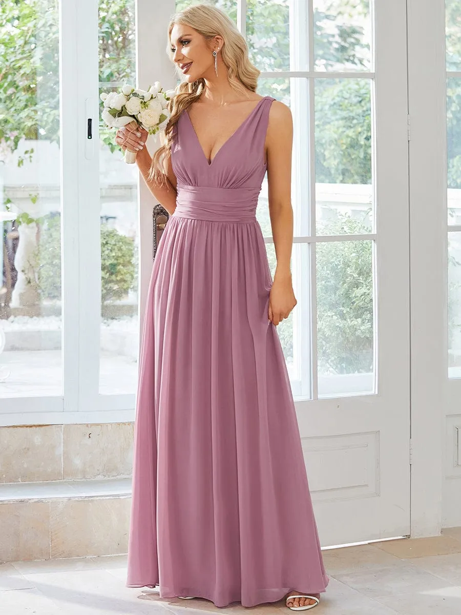 Sleeveless V-Neck Plain Chiffon Maxi Bridesmaid Dress