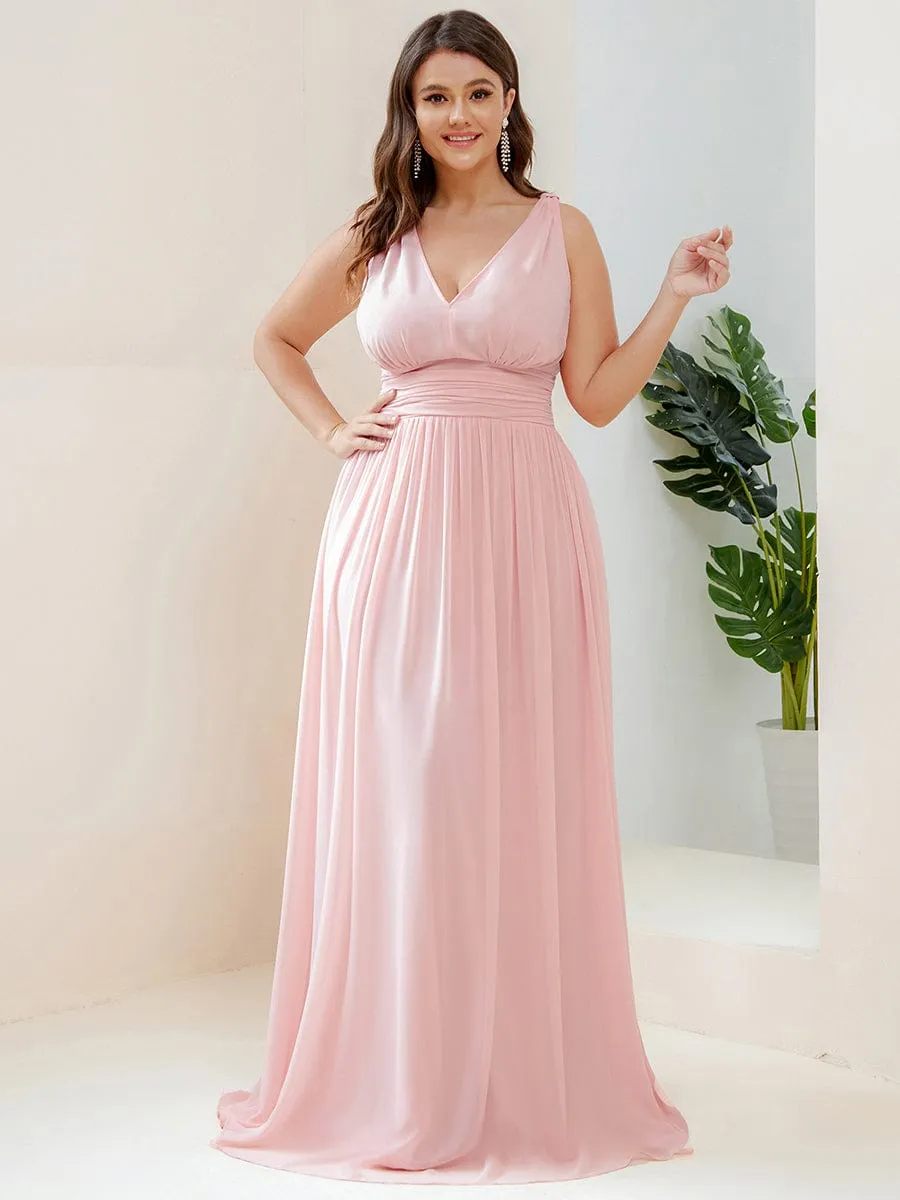 Sleeveless V-Neck Plain Chiffon Maxi Bridesmaid Dress