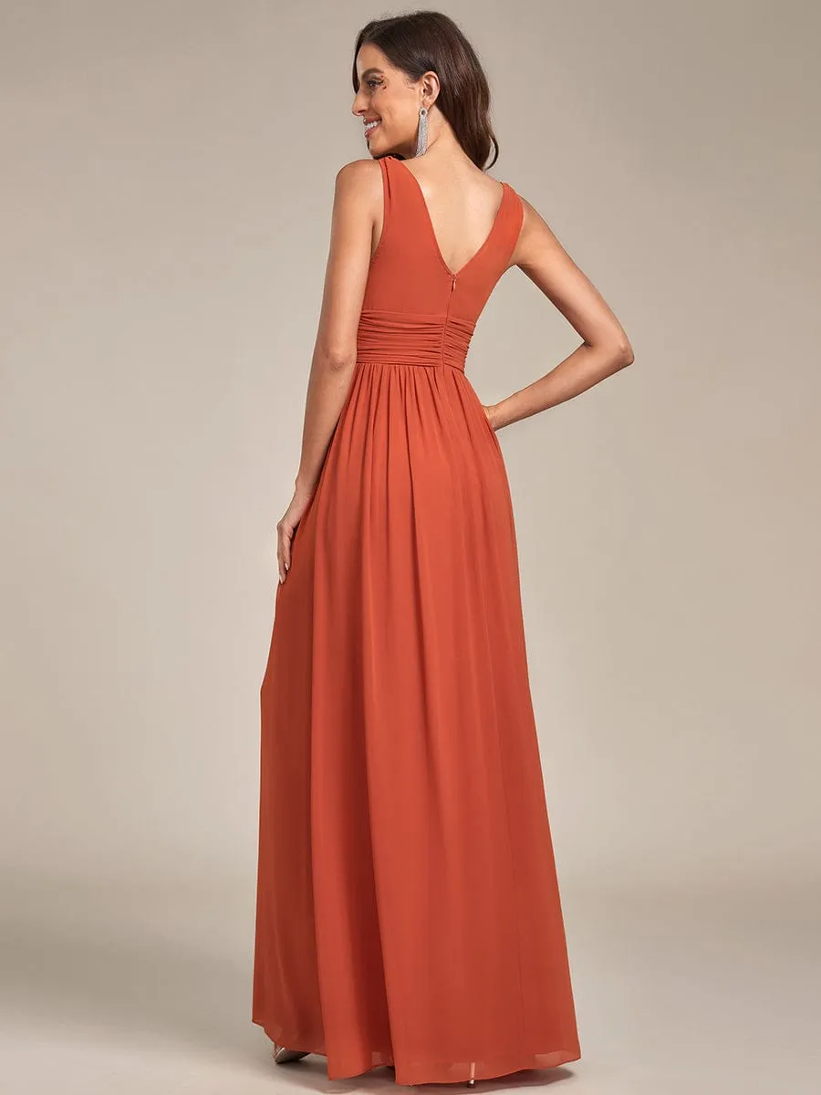 Sleeveless V-Neck Plain Chiffon Maxi Bridesmaid Dress