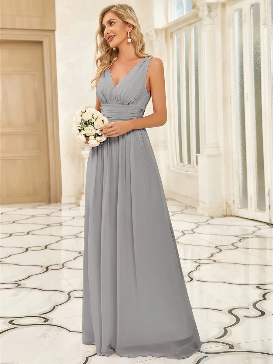 Sleeveless V-Neck Plain Chiffon Maxi Bridesmaid Dress