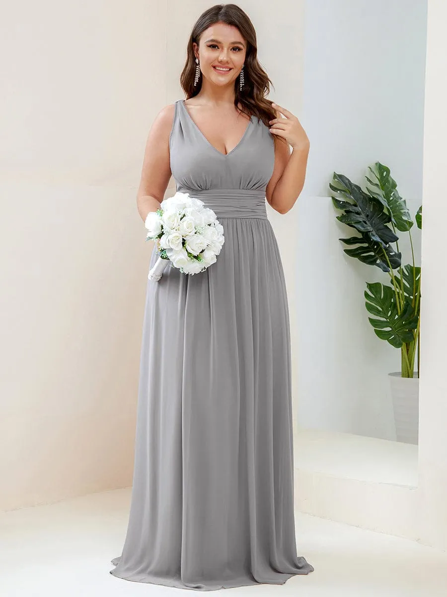 Sleeveless V-Neck Plain Chiffon Maxi Bridesmaid Dress