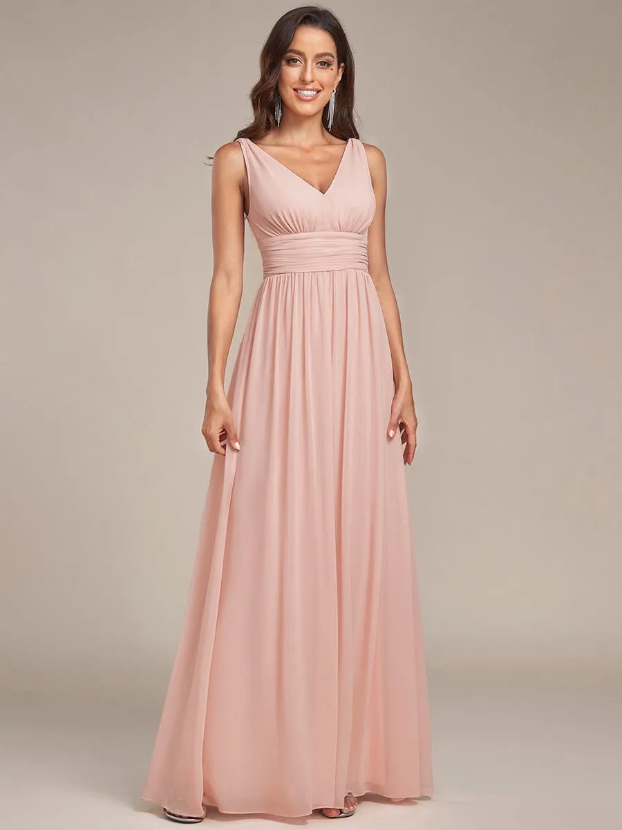 Sleeveless V-Neck Plain Chiffon Maxi Bridesmaid Dress