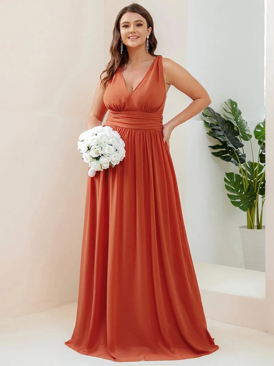 Sleeveless V-Neck Plain Chiffon Maxi Bridesmaid Dress