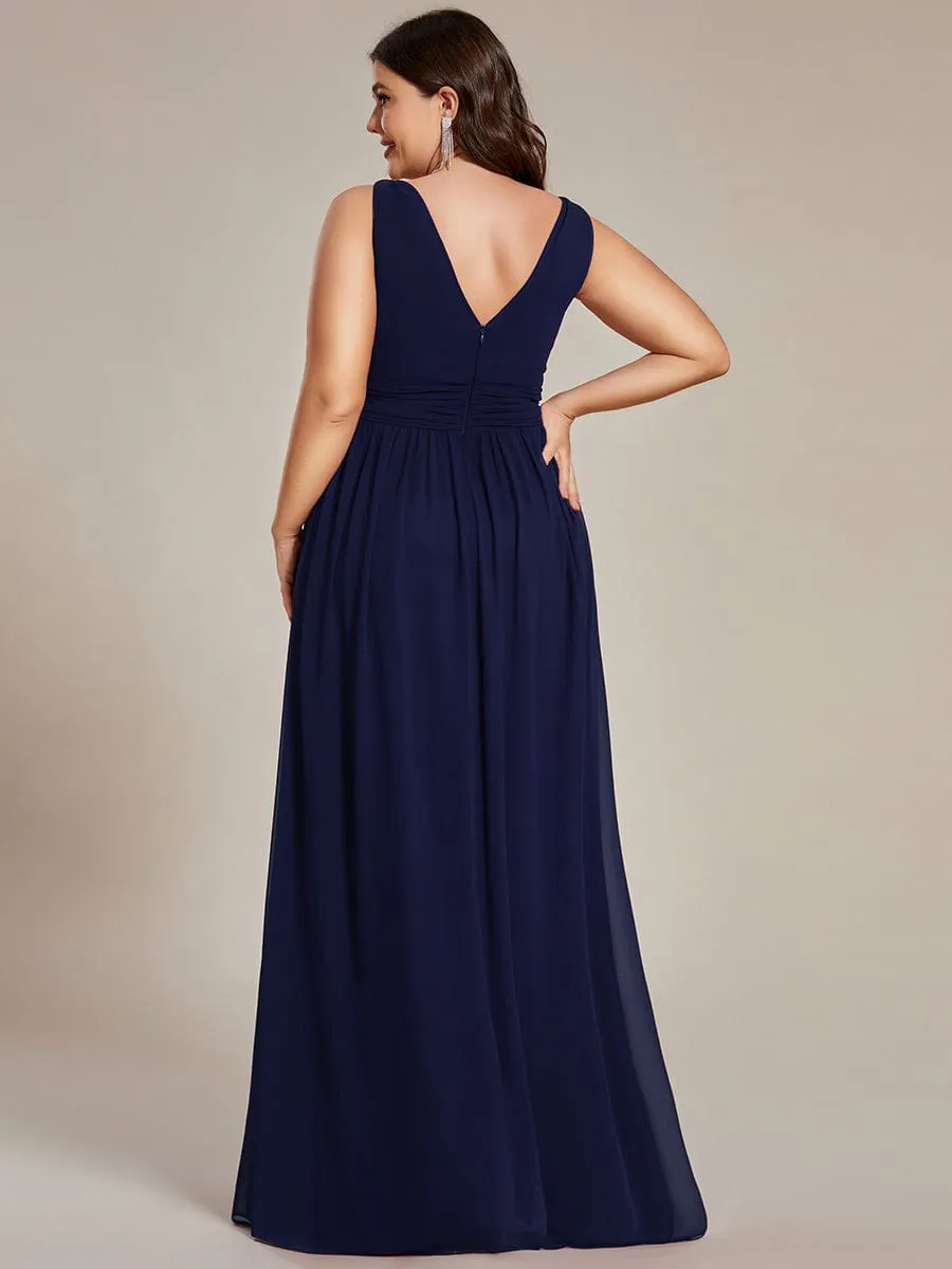 Sleeveless V-Neck Plain Chiffon Maxi Bridesmaid Dress