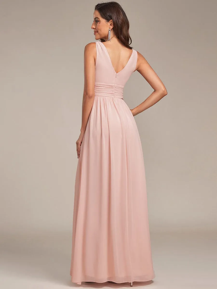 Sleeveless V-Neck Plain Chiffon Maxi Bridesmaid Dress