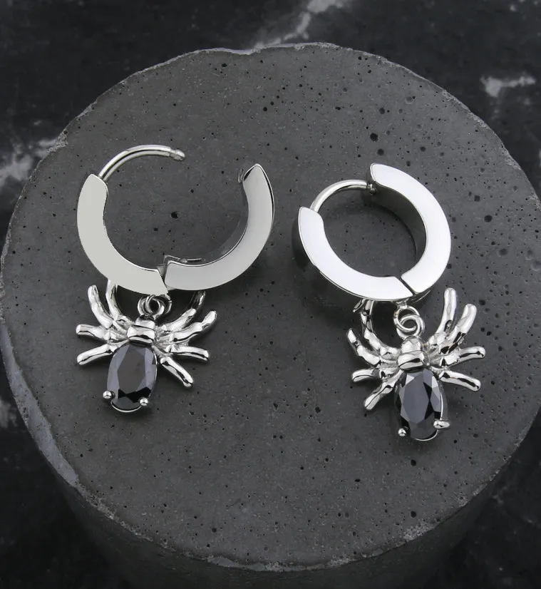 Spider Black CZ Stainless Steel Hoop Huggie Earrings