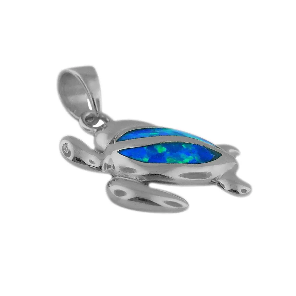 Sterling Silver Synthetic Blue Opal Turtle Pendant Necklace, 16 2" Extender