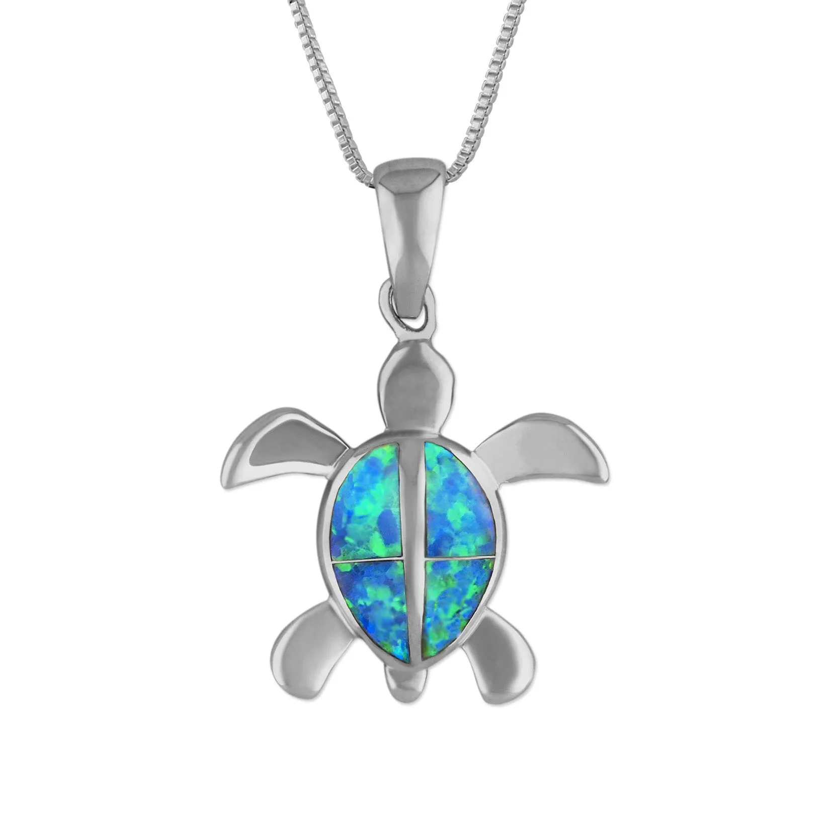 Sterling Silver Synthetic Blue Opal Turtle Pendant Necklace, 16 2" Extender