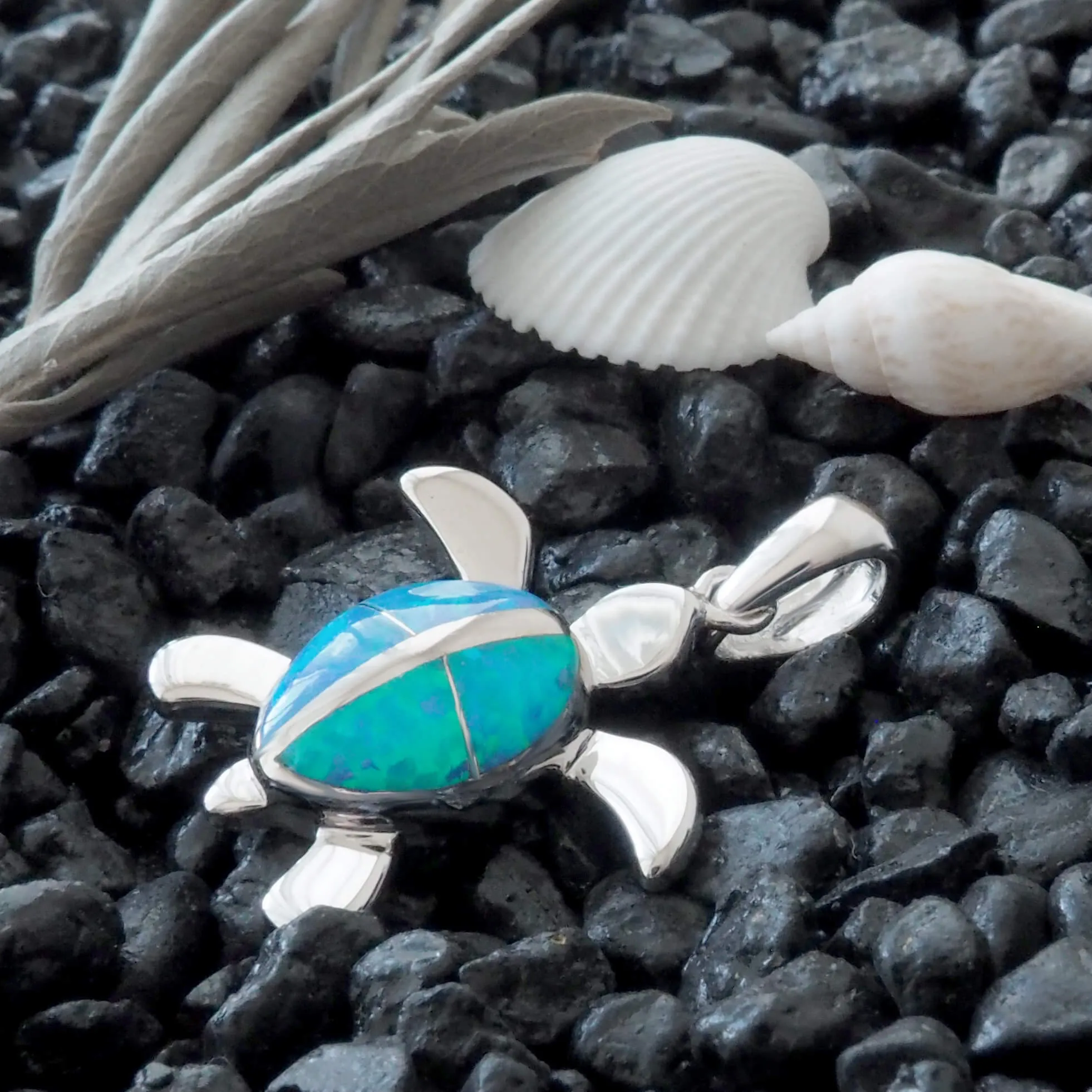 Sterling Silver Synthetic Blue Opal Turtle Pendant Necklace, 16 2" Extender