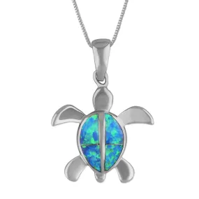 Sterling Silver Synthetic Blue Opal Turtle Pendant Necklace, 16 2" Extender