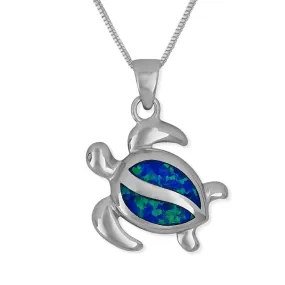 Sterling Silver Synthetic Blue Opal Turtle Pendant Necklace, 16 2" Extender