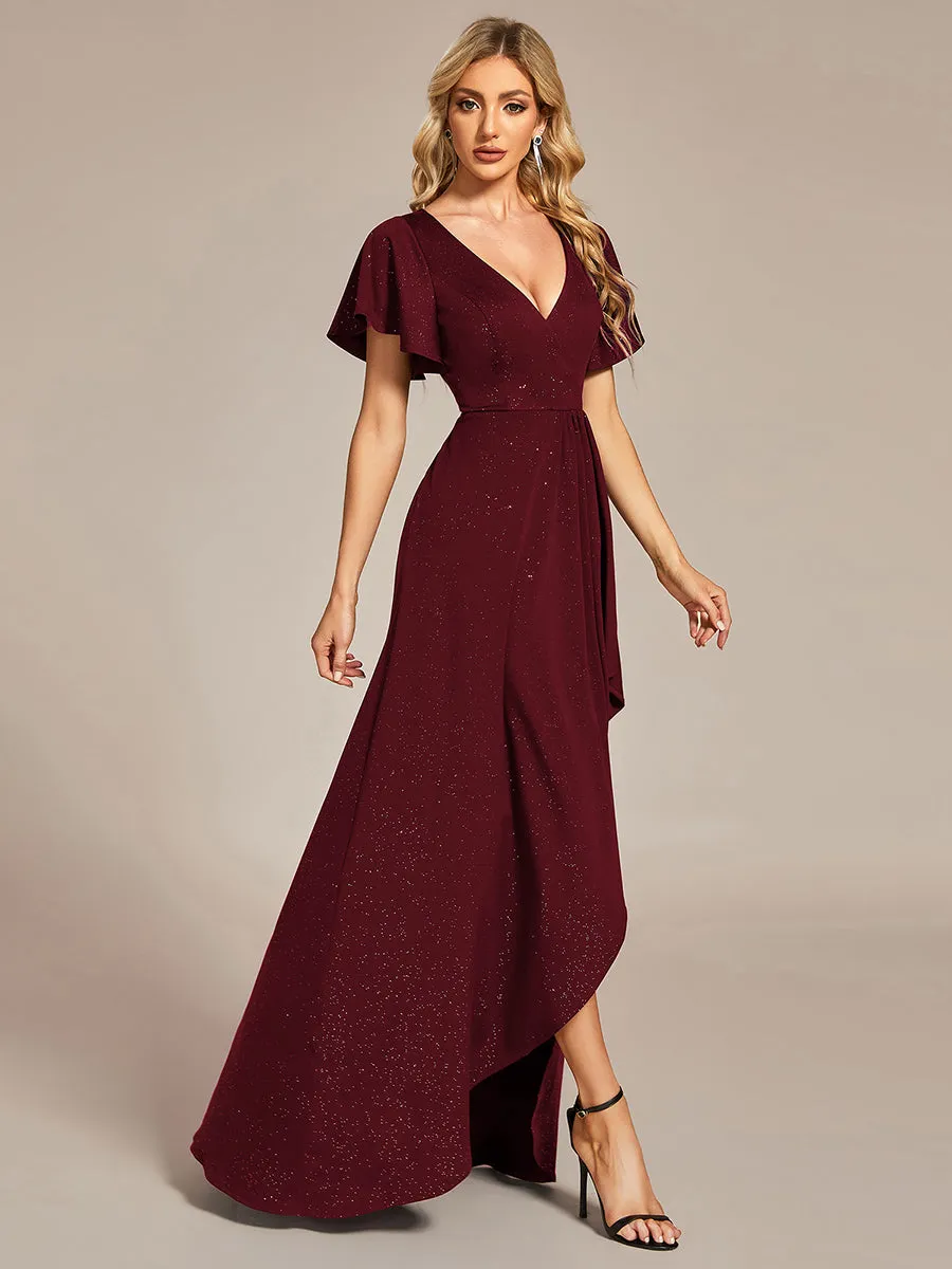 Tea Length Split Shiny Wholesale Evening Dresses With Ruffle Sleeves