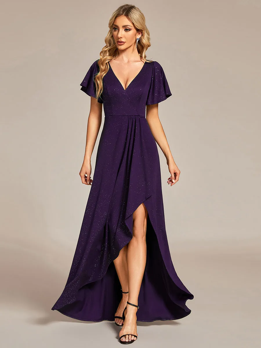 Tea Length Split Shiny Wholesale Evening Dresses With Ruffle Sleeves