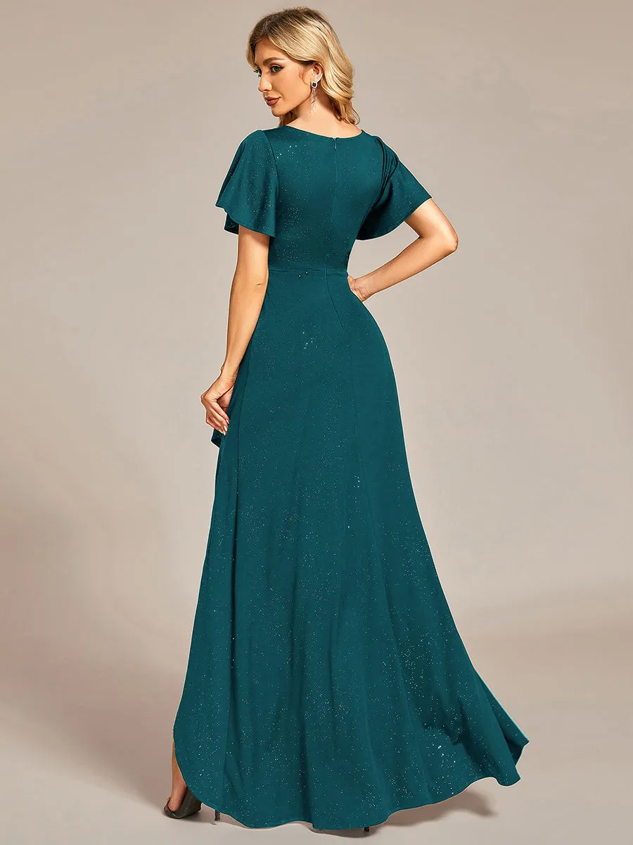 Tea Length Split Shiny Wholesale Evening Dresses With Ruffle Sleeves