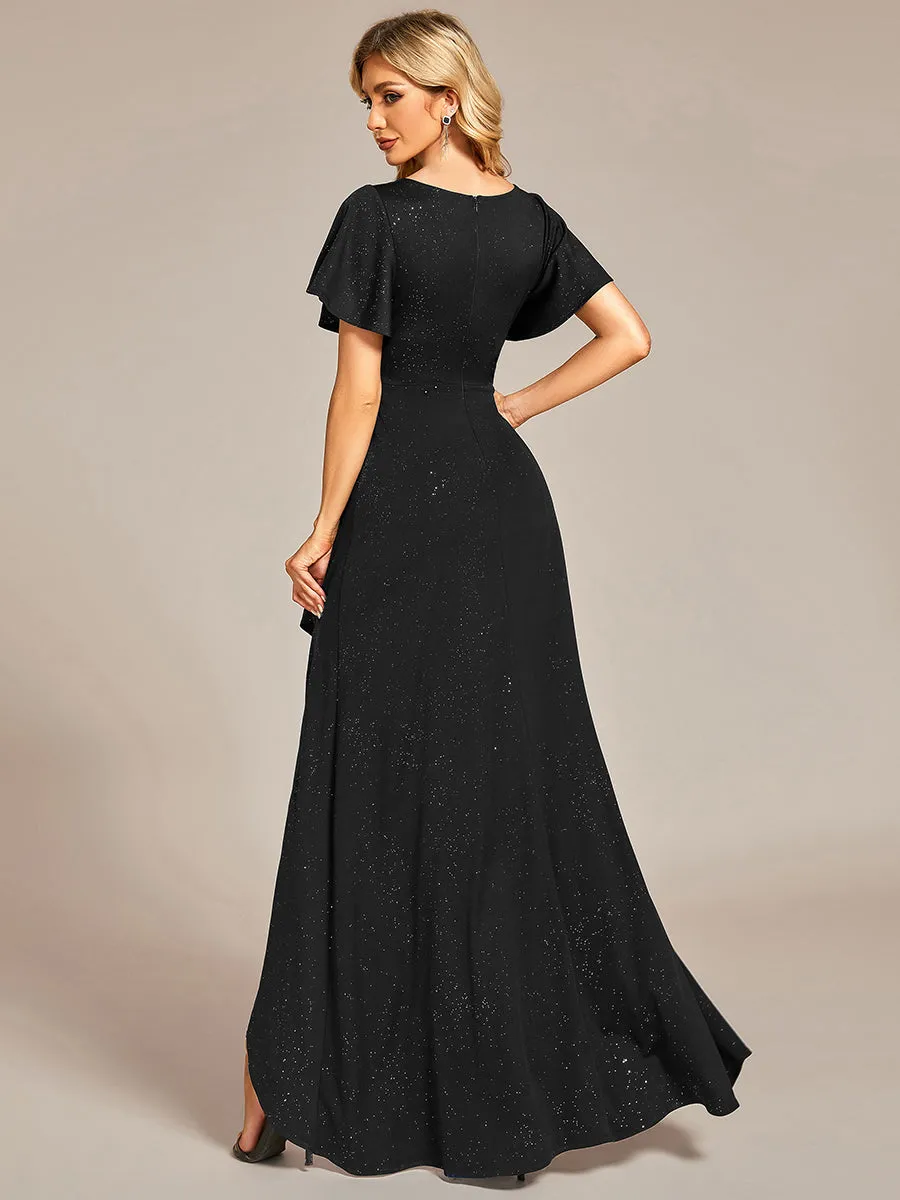 Tea Length Split Shiny Wholesale Evening Dresses With Ruffle Sleeves