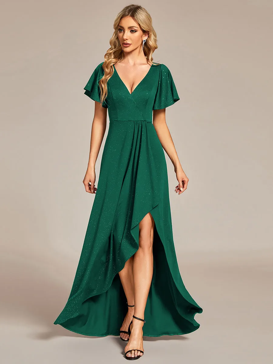 Tea Length Split Shiny Wholesale Evening Dresses With Ruffle Sleeves