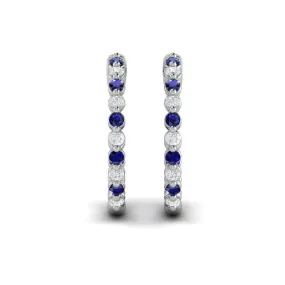 VLORA 14K WHITE GOLD ALTERNATING DIAMOND AND SAPPHIRE INSIDE-OUTSIDE HOOP EARRINGS