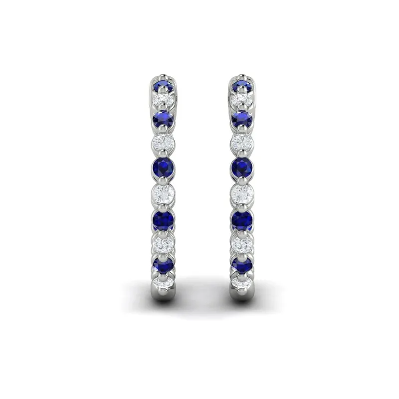 VLORA 14K WHITE GOLD ALTERNATING DIAMOND AND SAPPHIRE INSIDE-OUTSIDE HOOP EARRINGS