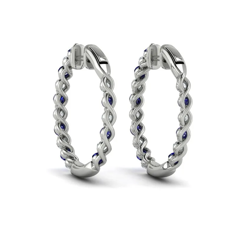 VLORA 14K WHITE GOLD ALTERNATING DIAMOND AND SAPPHIRE INSIDE-OUTSIDE HOOP EARRINGS