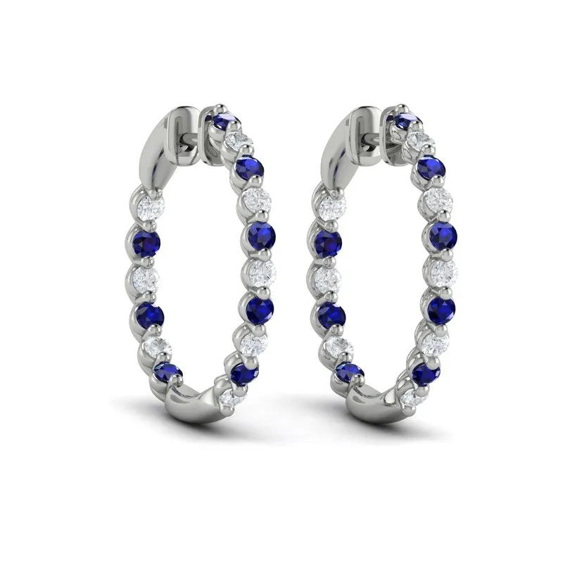 VLORA 14K WHITE GOLD ALTERNATING DIAMOND AND SAPPHIRE INSIDE-OUTSIDE HOOP EARRINGS