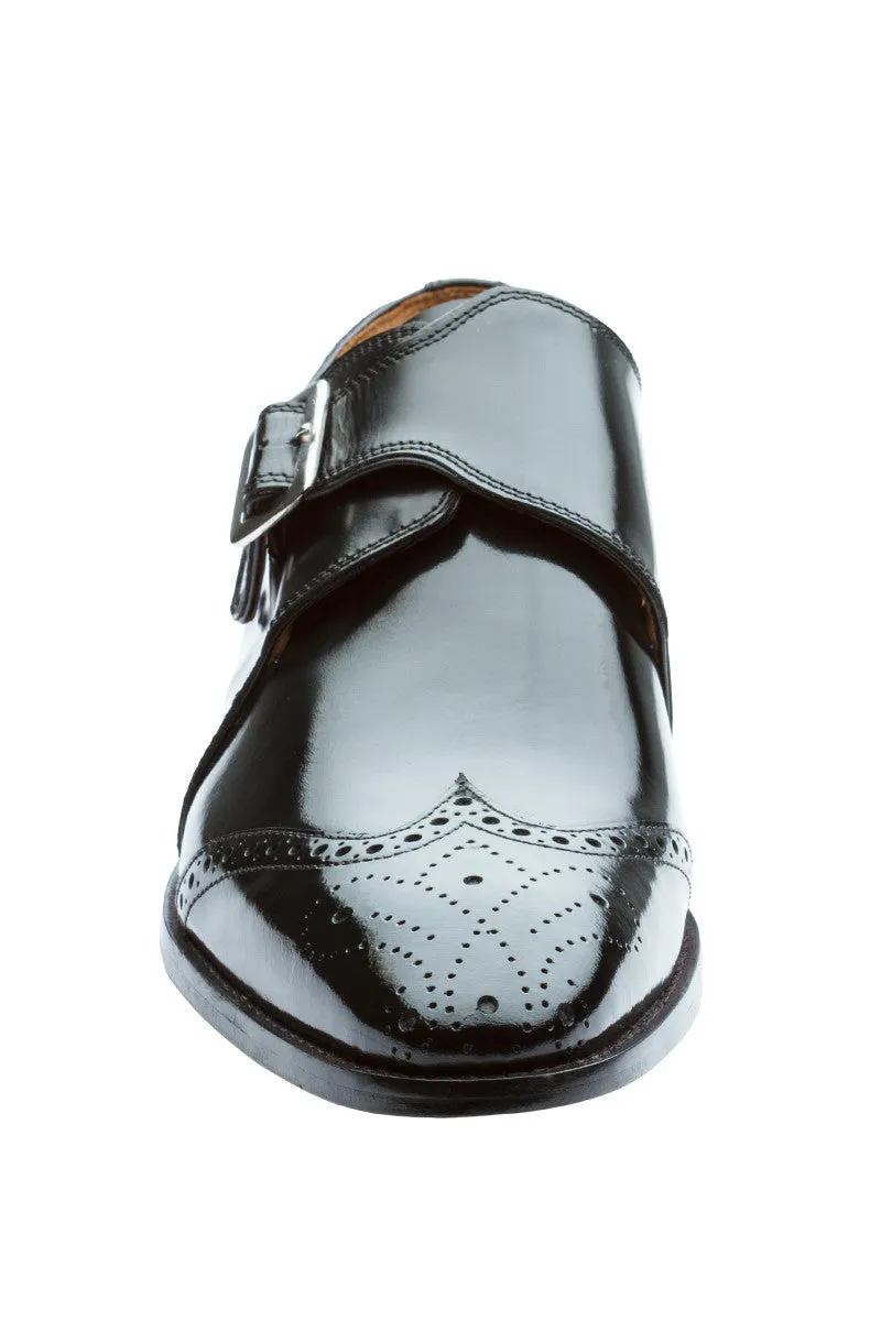 WING CAP SINGLE STRAP BROGUE MONK WITH MEDALLION- BRUSH OFF BLACK